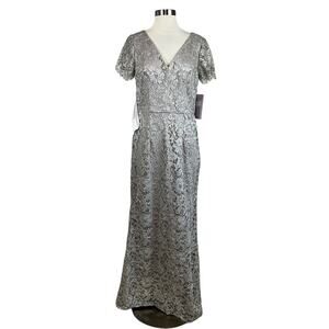 JS Collections Sparkly Lace Mermaid Evening Gown Metallic Silver Size 6 Dress